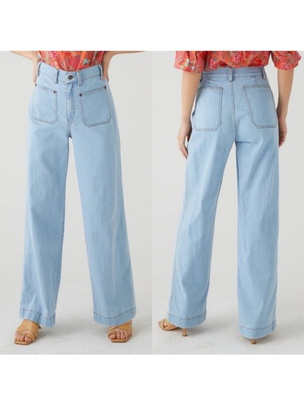 NEW RG Kane Frankie Wide Jeans 28 Light Blue High Waisted Retro Patch Pockets